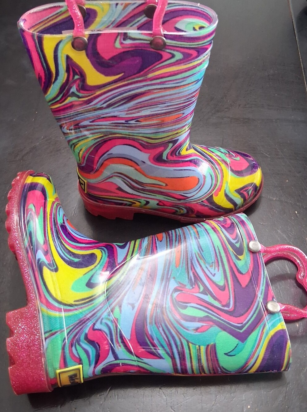 Western Chief Multicolor Swirl Girls' Rain Boots with Pink Handles